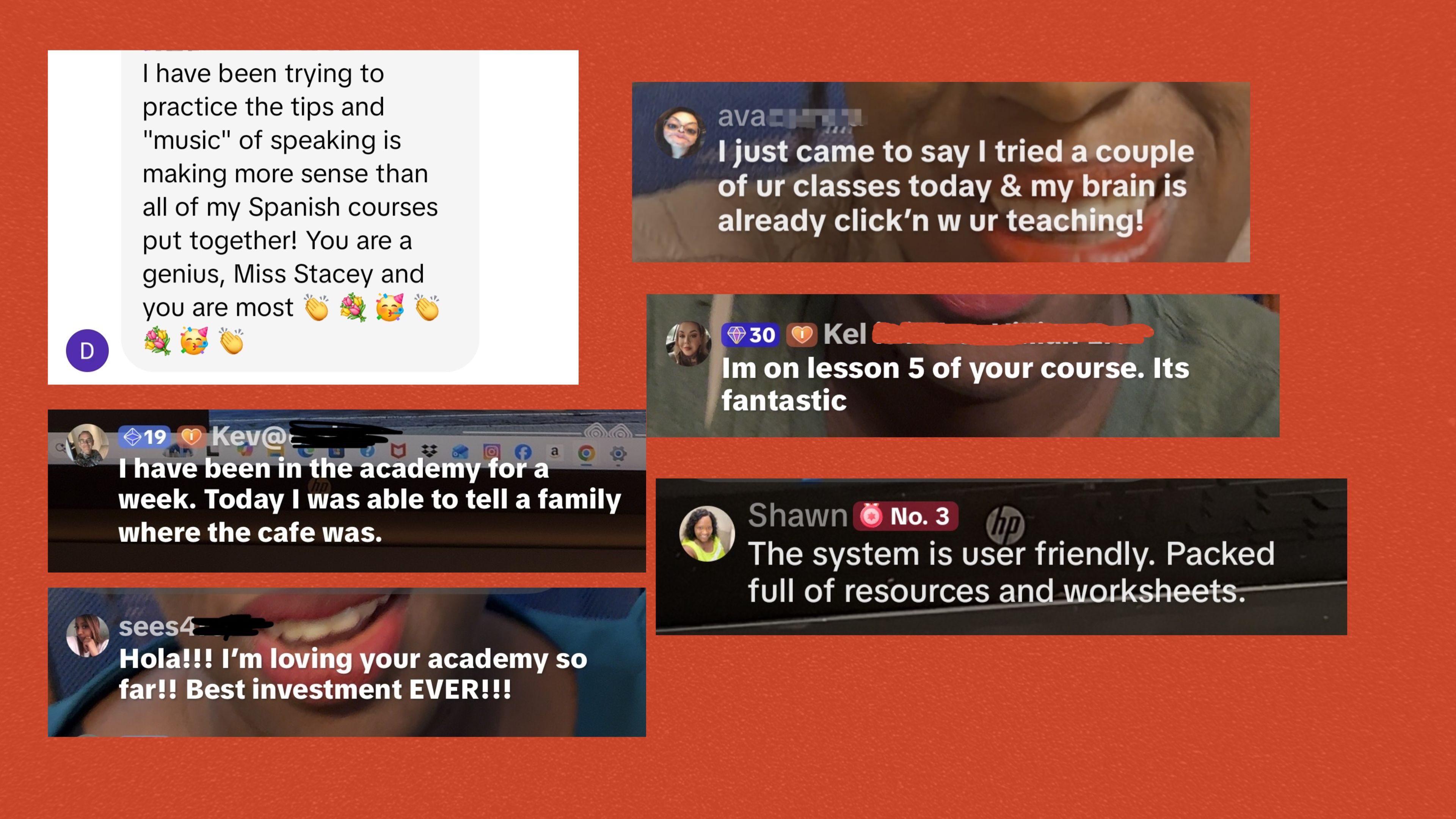 More student testimonials — messages from Frozen to Fluent Spanish Academy students
